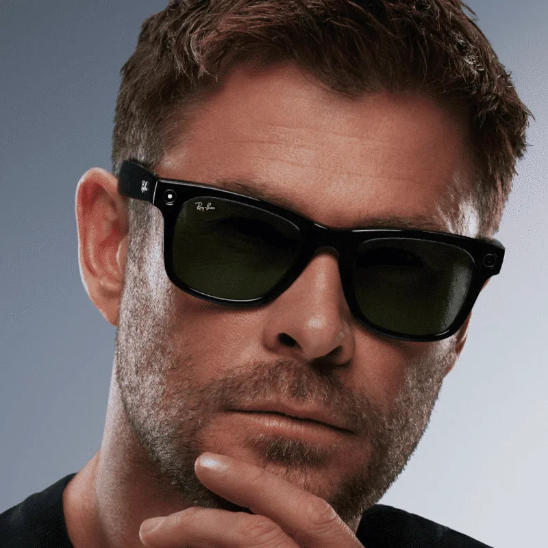 Man wearing Ray-Ban sunglasses with a neutral background